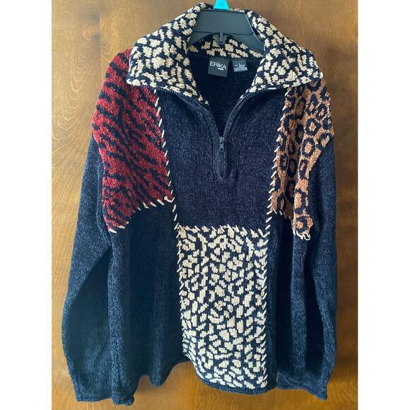 Erika Sweaters - ERIKA Animal Print Patchwork Quarter Zip Sweater Leopard Geo Pattern Size L